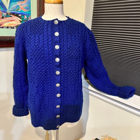 Marine Blue Hand Knit in Norway Cable Sweater, Pewter Viking Ship Buttons - L - Picture 1 of 15